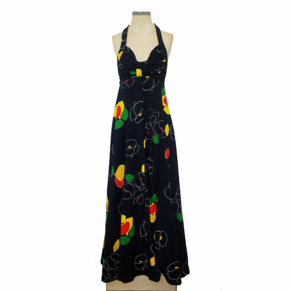 Vtg 70s Abstract Print Halter Maxi Dress S